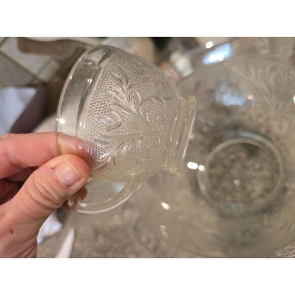 VTG Anchor Hocking Sandwich Glass Punch Bowl Set w 12 Punch Bowl Glasses Handled - Picture 4 of 5